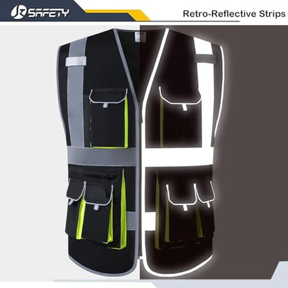 JKSafety 10 Pockets High Visibility Zipper Front Black Safety Vest with High Reflective Strips Meets ANSI/ISEA Standards (Medium, 88-Black) - color: Black, size: Medium