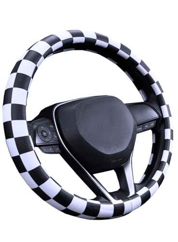 Dotesy Leather Flowers Car Steering Wheel Cover, Fashion Floral Steering Wheel Protector Universal for 36-38cm Anti Slip Auto Interior Decor Protection Accessories for Women (White Black C) - color: White Black C