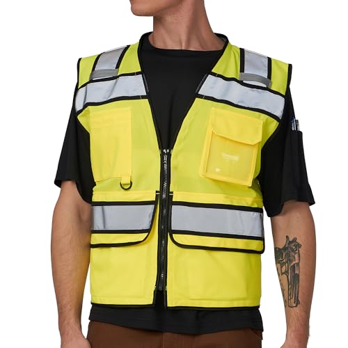 A-SAFETY High Vis Reflective Safety Vest for Men Women Zipper Ipad Pockets Mesh Construction Apparel Neon Vest for Work - color: Yellow2, size: Medium
