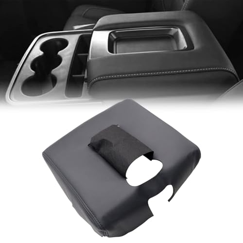 SecosAutoparts Black Leather Center Console Leather Lid Armrest Cover Replacement Compatible with Chevy Silverado GMC Sierra 2014 2015 2016 2017 2018 Black Made by Quality Automotive PVC Leather - color: Black Leather & Black Stitch