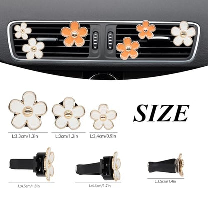 ORIESSE 6pcs Daisy Flower Air Vent Clips Car Air Fresheners White Orange Cute Daisy Car Decor Girly Car Accessories for Women Sparkle 3.3cm/3cm/2.5cm Flower Car Vent Clips Refillable Car Diffuser
