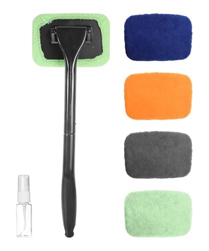 6PCS Car Detailing Kit,Windshield Cleaner Tool,Car Accessories Inside Windshield Cleaning Tool with Extendable Handle,4 Microfiber Pads and 1 Spray Bottles,Suitable for All Cars,Trucks,SUVs,RVs