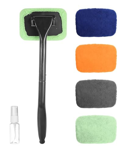 6PCS Car Detailing Kit,Windshield Cleaner Tool,Car Accessories Inside Windshield Cleaning Tool with Extendable Handle,4 Microfiber Pads and 1 Spray Bottles,Suitable for All Cars,Trucks,SUVs,RVs
