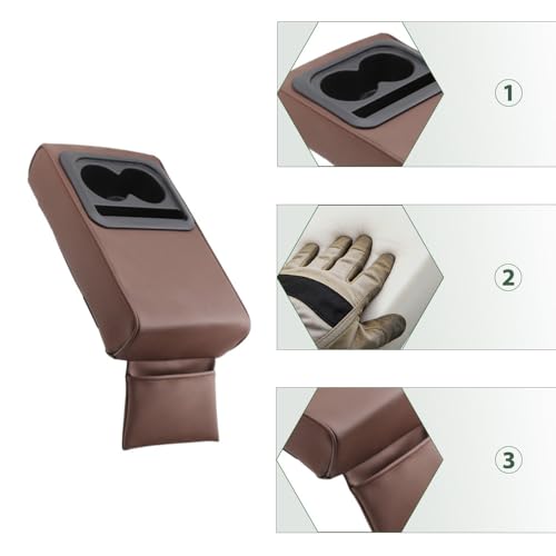 PU Leather Armrest Cushion with Cup Holder, Car Center Console Pad with Front Storage Pocket, Elbow Rest Pillow, Universal Car Armrest Seat Box Cover Protector - Brown - color: Brown