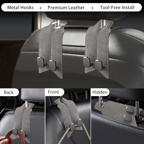 2Pcs Car Headrest Hooks with Premium Leather, Upgraded Double Metal Hooks with Anti-Drop Design, Universal Back Seat Hanger for Bags, Coats, Purses and Groceries (Classic Gray) - color: Classic Gray 2Pcs