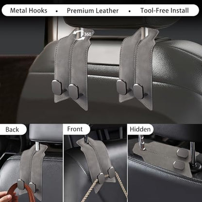 2Pcs Car Headrest Hooks with Premium Leather, Upgraded Double Metal Hooks with Anti-Drop Design, Universal Back Seat Hanger for Bags, Coats, Purses and Groceries (Classic Gray) - color: Classic Gray 2Pcs