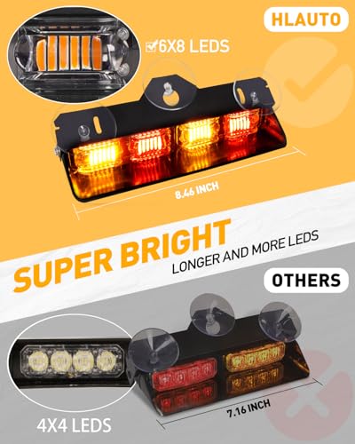 HLauto 2002L Emergency Dash Strobe Lights: Amber Red Safety Lights, Flashing Warning Hazard Windshield Visor Traffic Light Bars for Trucks, Construction Vehicles (2x8.5 inch, 48LED) - color: Amber/Red