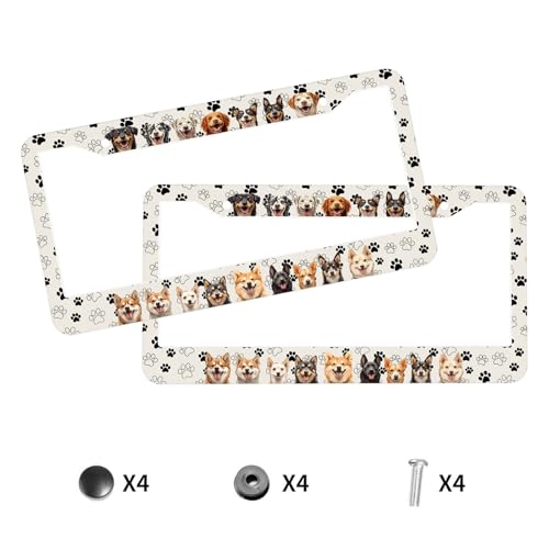 Happy Dogs License Plate Frame Dancing Pawprints Partner Animal Personalise Stainless Steel Funny Design Compatible with Standard License Plate Holder for USA 6 X 12 Inch with Screws - color: Happy Dogs, size: 6"L x 12"W(1PC)