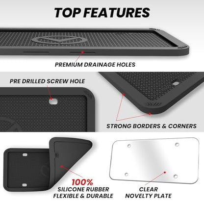 2 Pcs Silicone License Plate Frames with 2 Clear Polycarbonate Covers, Rust-Proof, Weather Resistant, Easy Installation, Premium License Plate Protector, Covers & Frames with 2 Drainage Holes