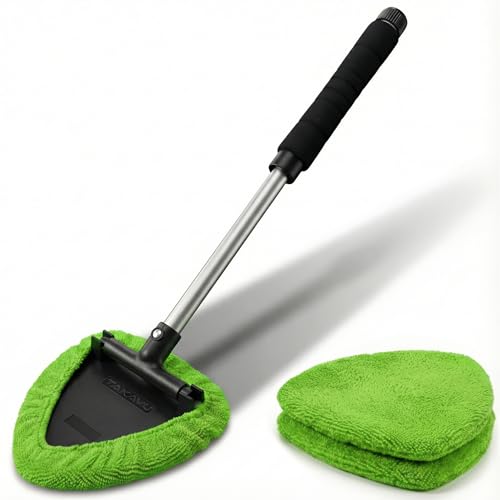 TAKAVU Car Window Cleaning Tool, Windshield Wiper Cleaner with Extendable Long-Reach Handle, 3 Washable Reusable Microfiber Bonnets, Car & Home Inside Interior Exterior Use - Lint Free (Green) - color: Black & Green