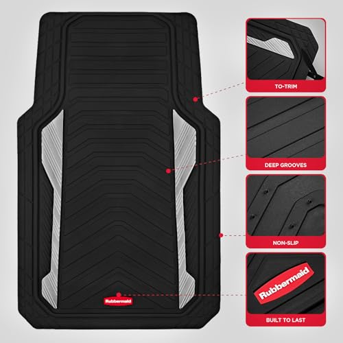 Rubbermaid Car Floor Mat, Heavy Duty All-Weather Car Mats Full Set with Dual-Tone Sliver Aluminum Inserts – Universal Fit, Anti-Slip Backing, Trim-to-Fit for Most SUV, Sedan, Van - color: Silver