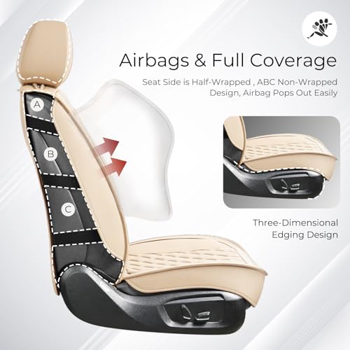 Huidasource Beige Seat Covers Full Set, Nappa Leather Seat Cover Hollow Design Airbag Pops, Front ＆ Back Seat, 5 Layers Seat Covers for Most Cars, Vans, Trucks, SUVs Universal Fit (Full Set/Beige) - color: 02FS# Beige, size: 5pcs Full Set