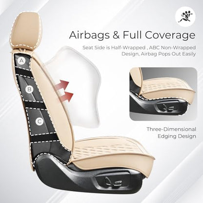 Huidasource Beige Seat Covers Full Set, Nappa Leather Seat Cover Hollow Design Airbag Pops, Front ＆ Back Seat, 5 Layers Seat Covers for Most Cars, Vans, Trucks, SUVs Universal Fit (Full Set/Beige) - color: 02FS# Beige, size: 5pcs Full Set