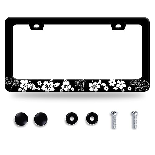 Beautiful Habiscus Flowers License Plate Frame Hawaii Floral Leaves License Plate Stainless Steel Funny Auto Parts Colorful License Plate Decoration Holes Screws Size 12.3" x 6.3" - color: Hibiscus Flowers With Leaves