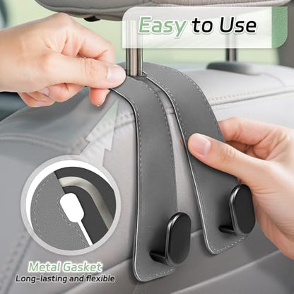 Car Seat Headrest Hooks - 2 Pack Universal Car Purse Hook, Leather Car Bag Purse Holder with Double Metal Hooks for Handbags, Grocery Bags, Bottles, Phones - color: Gray