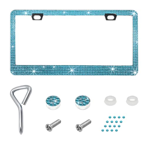 Bling License Plate Frame, Stainless Steel Glitter Crystal Diamond License Plate Cover Holder, Sparkly Bedazzled Rhinestone Car Tag Covers for Women, Car Accessories (Blue) - color: Blue, size: 1PCS