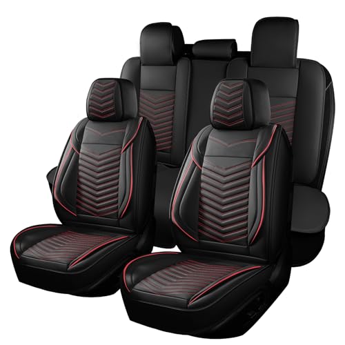 HChengkikz Nappa Leather Car Seat Covers Full Set, Car seat Protector 5 Seats, Waterproof Car Seat Cushion, Universal Automotive Seat Covers Fit for SUV Truck Pick-up Sedan, Front and Rear - color: Style1 Black+Red, size: Full Seat