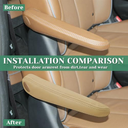 2PCS Car Front Seat Armrest Cover Compatible with Chrysler Pacifica 2017-2020 Leather Left and Right Seat Arm Rest Cover Beige (Only Leather Part)