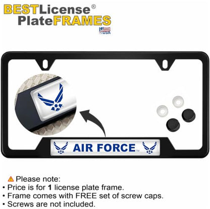 [Officially Licensed Product] - Stainless Steel Matte Black CAR 2-Hole Standard Size - Domed Custom-Made Corrosion-Resistant License Plate Frame with U.S. Air Force Wings & Free caps - (Qty: 1 Frame) - size: U.S. Air Force -Style 2