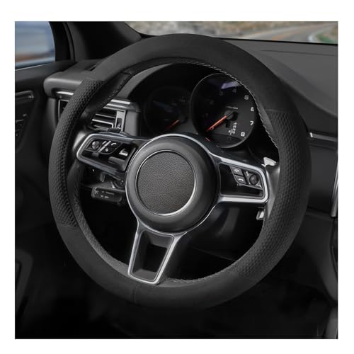 Suede Steering Wheel Cover with Upgraded Silicone Inner Ring, Breathable, Anti-Slip, Leather Universal 14.5 to 15 Inch Steering Wheel Cover (Black with Embossing Pattern) - style: Black with Embossing Pattern