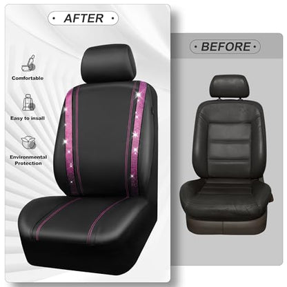 CAR PASS Bling Diamond Car Seat Covers Full Set, Shining Rhinestone Waterproof Faux Leather, Rear with Zipper, Universal Fit Automotive Glitter Crystal Sparkle Strips for Women Girl, Black Pink - color: Pink Diamond, size: Full Set