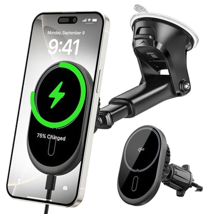 A2C for MagSafe Car Mount Charger, QI2 15W Wireless Car Charger with Dual Cooling Tech, Magnetic Car Charger for iPhone 17 16 15 14 13 12, Dash+Windshield+Vent Mount, PD 30W Adaptor Included