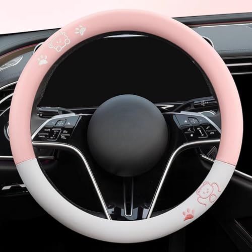 15 Inches Universal Round Leather Car Steering Wheel Cover, Cute Bear Soft Breathable Non-Slip Steering Wheel Protector Wrap (Pink-White) - color: Pink-White