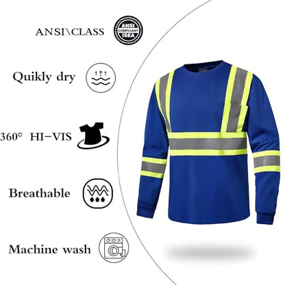High Visibility Class 3 Shirts，Hi Vis Safety Long Sleeve Quick Dry Mesh Construction Work - color: Blue, size: Medium
