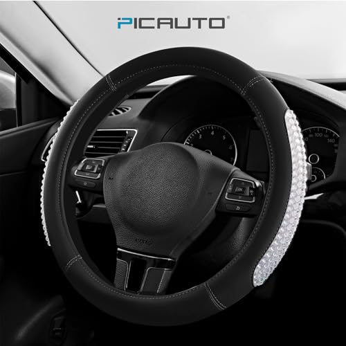 PIC AUTO Steering Wheel Cover, Glitter Gel Particles & Black Luxury Leather Car Steering Cover, Universal Fit 14.5"-15.5" Anti-Slip Car Wheels Cover for Girls & Women - color: Black