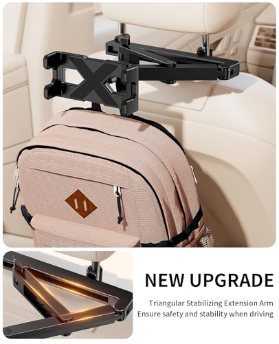 Tablet Holder for Car Headrest [3 in 1 Sturdy upgrade Extension Arm] Adjustable iPad Car Mount for BackSeat, Road Trip Essentials for Kids, Car Accessories for Women Interior for 4.7-12.9" Tablets