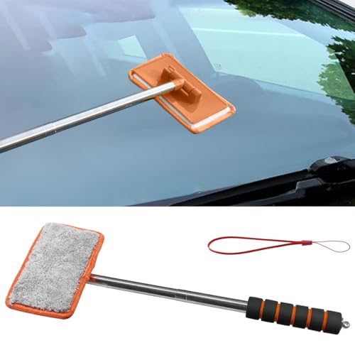 Car Windshield Cleaner Tool, Retractable Rearview Mirror Brush with Extendable Handle, Microfiber Window Washing Pad, Portable Auto Glass Wiper for Car Home Office (Orange) - color: Orange