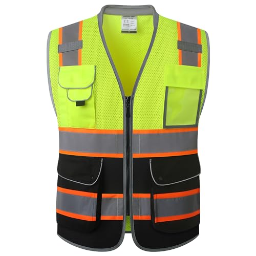 JKSafety 9 Pockets Class 2 Hi-Vis Safety Vest High Visibility Reflecitive Mesh Safety Vests for Men and Women Cushioned Collar Work Utility PPE Work Gear ANSI/ISEA compliant (101-YBlack M) - color: Jk101-yellowblack, size: Medium