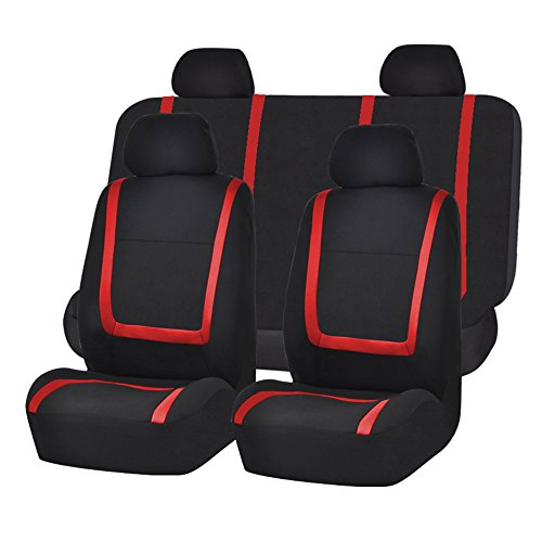 FH Group Automotive Seat Covers Full Set Unique Flat Cloth Red Seat Covers, Rear Solid Bench Combo Non-Slip Black Dash Grip Pad Universal Fit Car Seat Protector Car Truck SUV Interior Accessories - color: Red, size: Full Set