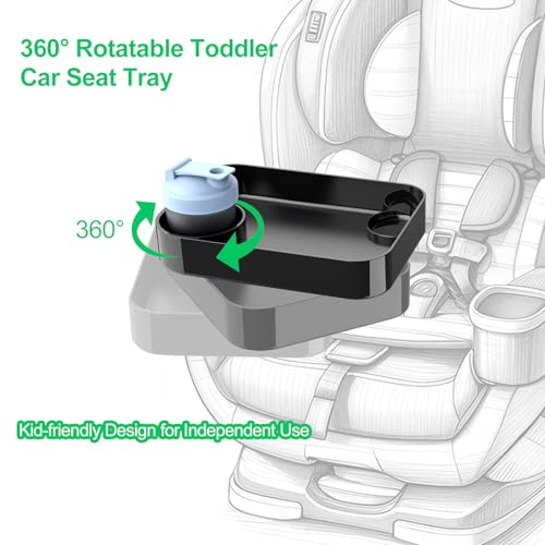 (2 Pack) Car Seat Tray for Kids Travel, Carseat Tray for Food Toddler, Car Seat Table Tray, Car Seat Cup Holder Snack Tray for Graco, Evenflo, Chicco, Rotatable Removable Family Road Trip Essentials - color: Glossy Black-2 Pack