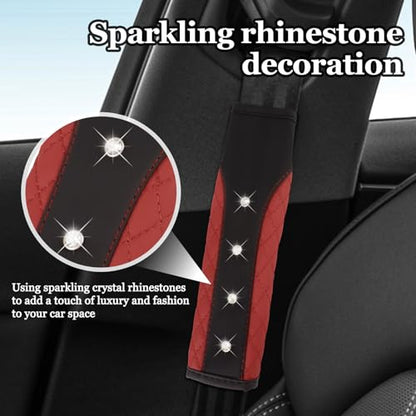 Hovom 2PCS Bling Car Seat Belt Cover Pad, Leather Seatbelt Covers for Cars, Soft Safety Seatbelt Shoulder Strap Covers, Rhinestone Auto Seat Belt Protector Cushion for Women Girls (Wine Red) - color: Wine Red
