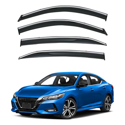 4pcs Smoke Tint with Chrome Trim Outside Mount Tape On/Clip On Style PVC Sun Rain Guard Vent Window Visors Compatible with 2020-2022 Sentra - size: For 2020-2022 Nissan Sentra