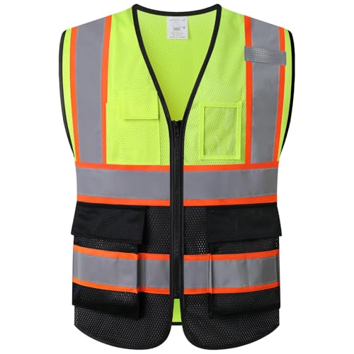 Reflective Mesh Safety Vest for Men Women with 5 Pockets and Zipper Front High Visibility Mesh Vest Hi Vis Construction Work Vest,Meets ANSI/ISEA Standards(EK175-Yellowblack-M) - color: Yellowblack, size: Medium