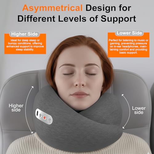 Travel Neck Pillow 3 in 1 with Heating and Massage, Memory Foam Cervical Pillow, 360º Ergonomic Design, Asymmetrical Sides Wireless Portable for Airplane Car Office, Skin-Friendly Cover
