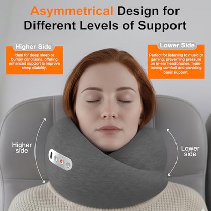 Travel Neck Pillow 3 in 1 with Heating and Massage, Memory Foam Cervical Pillow, 360º Ergonomic Design, Asymmetrical Sides Wireless Portable for Airplane Car Office, Skin-Friendly Cover