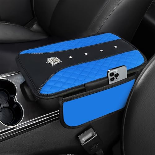 NBTEPEM Bling Crown Car Center Console Armrest Cover, Leather Middle Console Cover Cushion with 2 Storage Bags, Car Armrest Storage Box Interior Accessories for Most Vehicles(Blue) - color: Blue