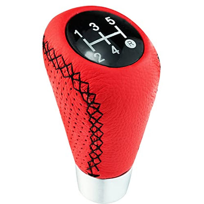 Shifter Knob 5 Speed Red Leather Gear Lever Stick Manual Shift Handle Replacement Fit Most Cars, Black Stitched - color: Red Leather with black stitching