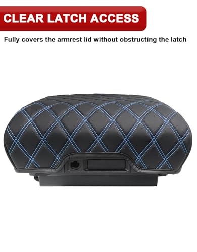 KBH Center Console Armrest Cover for 2021-2026 Ford F150, Middle Console Lid Protector, Arm Rest Box Cushion, Anti-Scratch, Black-Blue Stitch (Fits Bucket Seat Console Only) - size: Bucket Seat, 21-26 F150, Blue Stitch