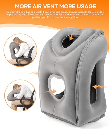 Sunany Travel Pillow, Upgraded Plane Pillow for Long Flights, Inflatable Neck Pillow Used for Airplanes,Cars,Buses,Trains,Office Napping with Eye Mask,Earplugs (Gray) - color: Grey (Head Heart-shape&sloping Base)