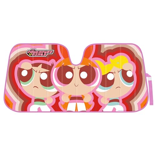 The Powerpuff Girls Car Windshield Sun Shade, Officially Licensed Accordion Style Sunshade for Car Window, Cute Cartoon Car Sun Shade Windshield for Front Window - color: Red/Pink/White