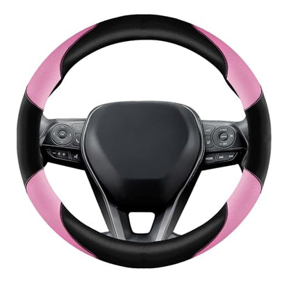 Soft Leather Steering Wheel Cover with Breathable Design and Anti-Slip Grip, Fully Compatible with Tesla, Toyota, Honda, Nissan 14.5-15.2 inch Round Steering Wheel（Sedans and SUVs） - color: DOUBLE-PINK