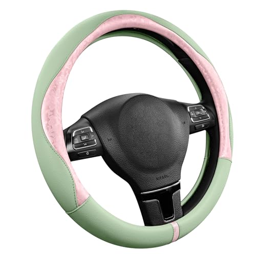 PIC AUTO Steering Wheel Cover, Pink Patterned & Green Leather Patchwork Design, Universal Fit 14.5"–15.5", Anti-Slip, Odor-Free, Soft PU Grain Leather, Durable Grip Car Accessory for Girls & Women - color: Pink & Green