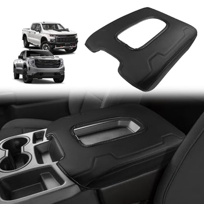 Muslogy Center Console Armrest Cover Fit for Chevy Silverado & GMC Sierra 2019-2026 Accessories, Comfort Armrest Pad Console Lid Cushion Vegan Leather Regular Thick(Split Bench Seat Console ONLY) - size: 1) 19-25 |Silverado & Sierra| Jump Seat, Regular