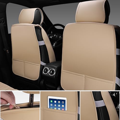 CAR PASS Beige Leather Bling Car Seat Covers Full Set, Luxury Microfiber Nappa PU Cushioned, Waterproof Anti-Slip Universal Fit for Auto SUV Sedan Sparkly Glitter Shining Rhinestone, Beige Diamond - color: Beige Diamond, size: Full Set