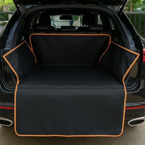 Heavy-Duty Non-Slip Trunk Cargo Liner, Waterproof All-Weather Rear Boot Mat Compatible with SUVs and Sedans, Scratchproof Pet and Cargo Protector, Black & Orange Trim