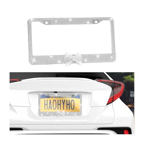 Bling Bow Car License Plate Frame, 2PCS Sparkly Rhinestone Vehicle License Plate Cover for Women Girls, Diamond Automotive Front Rear Number Tag Holder, Universal for SUV RV (White) - color: White